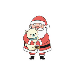 A cute cartoon illustration of Santa Claus holding a polar bear cub.