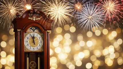 Midnight Strike on Grandfather Clock Against Festive Fireworks and Golden Bokeh