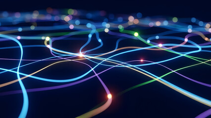 Vibrant glowing lines intersecting in dynamic digital landscape