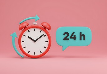 Red Alarm Clock with Arrows and 24 Hour Speech Bubble
