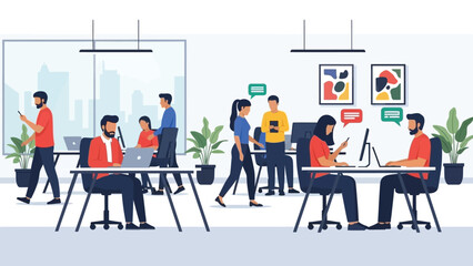 Modern office with diverse team working collaboratively in meeting and workspace