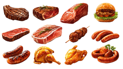 grilled steak burger sausages chicken beef pork meat collection isolated realistic food illustration on white background