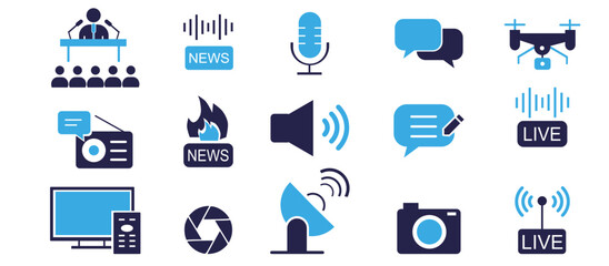 set of Mass Media editable icons with containing news,podcast,live,breaking news,mass media,message,radio,camera,speaker etc Solid vector icon symbol illustration