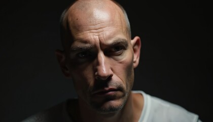Obraz premium Close-up portrait of bald man with serious pensive face. Low key lighting creates dramatic shadow and light contrast on his head and features. Focused gaze with furrowed brow.