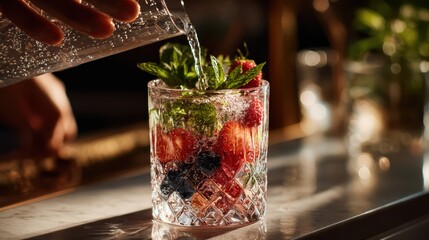 Closeup of mixologist creating elegant nonalcoholic cocktail