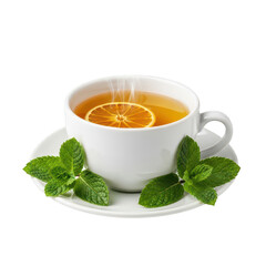 White teacup with orange slice and mint leaves isolated on transparent background