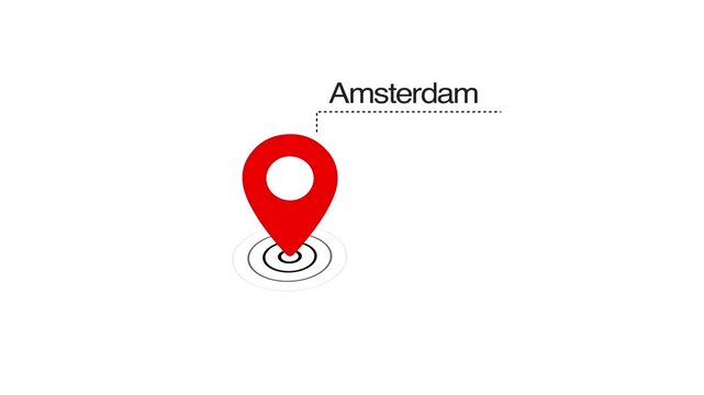 Amsterdam GPS Map pin Location Animation with Digital Navigation Pointer on transparent background. Amsterdam map label with location pin symbol. Amsterdam city map with destination location concept
