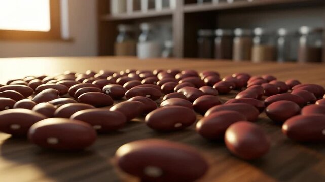 Close-up of reddish-brown stones arranged on a wooden surface