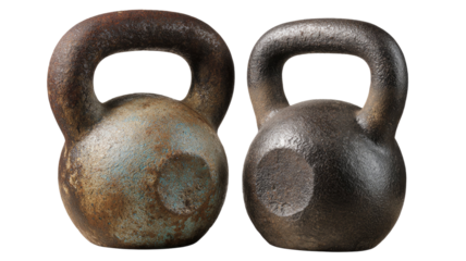 An isolated old rusty iron dumbbell and heavy metal weight equipment for bodybuilding and strength training on a white fitness background