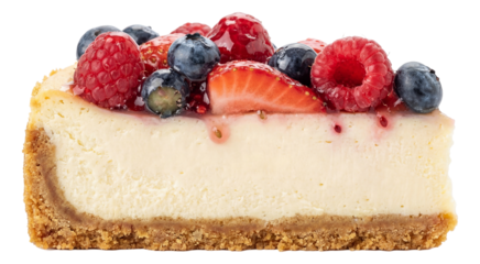 Cross-section of a berry cheesecake revealing a crumbly crust and smooth berry-topped filling.