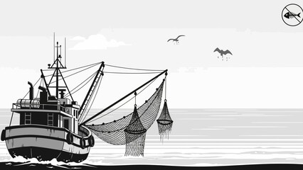 Fishing boat with nets and seagulls flying overhead at sea © Chathuranga