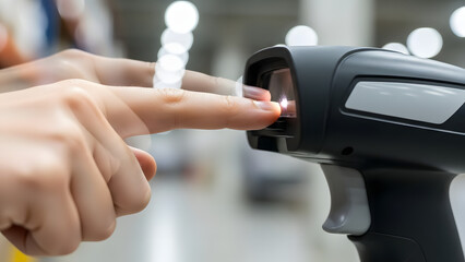 Close-up shot of a finger being scanned by a barcode reader, showcasing technology in action