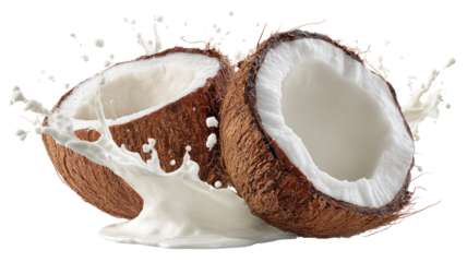 Fresh exotic coconut fruit isolated on a white background with a brown shell, healthy half cut open to reveal the tropical nut and milk for natural nutrition
