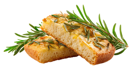 rosemary focaccia bread slices with olive oil herbs isolated on white background