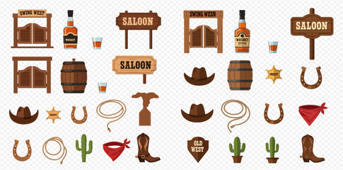 Collection of Wild West and Cowboy Themed Elements with Saloon Doors, Whiskey, Hats, and Cactuses.