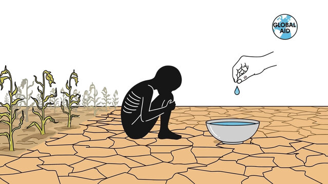 Desperate person in drought relief scenario with global aid