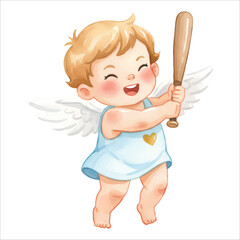 Cute Cupid Angel Baseball Swing Watercolor Vector Illustration Isolated on White Background

