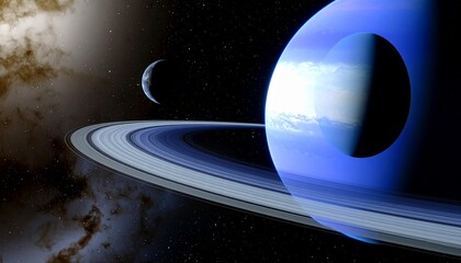 Blue Ringed Planet in Space – Digital Rendering of Gas Giant with Celestial Background and Star Field