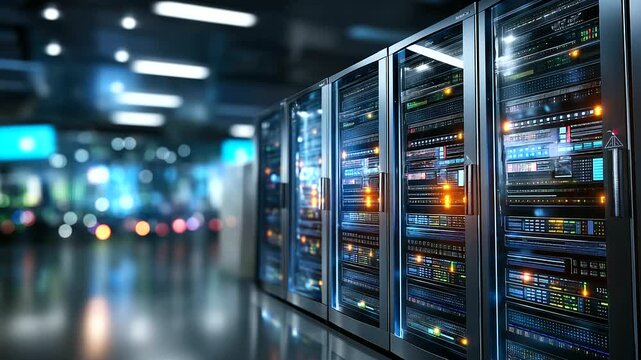 Modern data center with long rows of server racks and colorful LED indicators, technology infrastructure, cloud computing facility, network operations room, defocused equipment dep