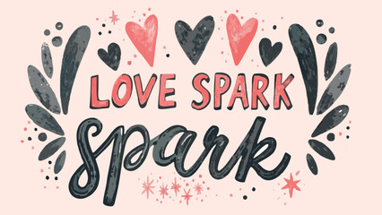 Hand drawn pink and black ink stamp with loose ink and hearts for love and spark theme on beige background