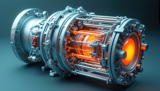 Detailed cutaway of small modular reactor internal structure and heat flow. Nuclear power system components and engineering visible, glowing orange core. Energy generation tech.