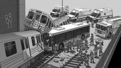 Emergency responders react to train and bus accident scene