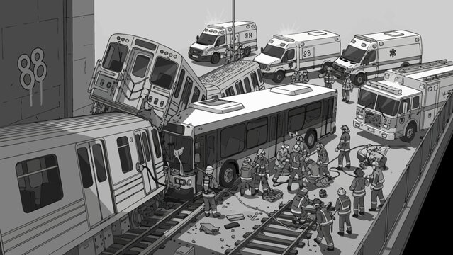 Emergency responders react to train and bus accident scene