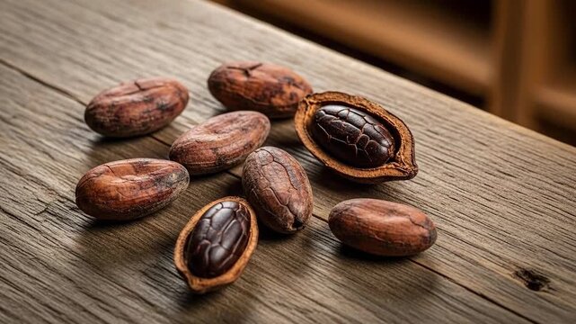 Close-up of roasted chestnuts on wooden surface in natural light