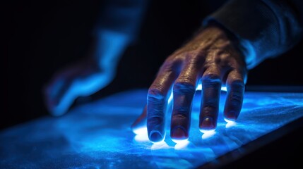 Illuminated Hand Interaction on a Touch Surface with Blue Glow in Low Light Setting, Emphasizing Technology and Human Connection in Modern Digital Life