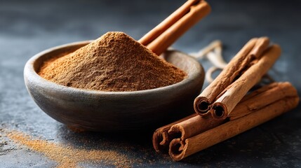 Cinnamon powder and sticks on dark background