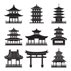 Asian Architecture Icon Set, A comprehensive collection of black silhouette vector icons featuring traditional Asian temples, pagodas, gates, and bridges (1).eps