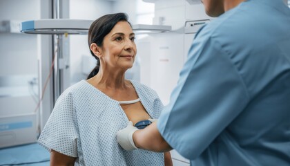 A woman getting mammogram to check for breast cancer at imaging diagnostic center showing ok sign good diagnostic results