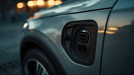 Close-Up of Electric Vehicle Charging Port with Reflections and Urban Background at Dusk Highlighting Modern Transportation Technology