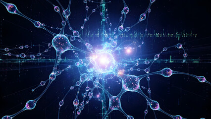 Vibrant neural network with glowing connections and data visualization