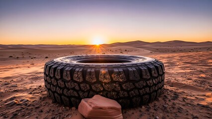 Rugged off-road tire resting on sandy desert terrain at vibrant sunset with sun rays. Concept of adventure, challenging journeys, and remote travel.