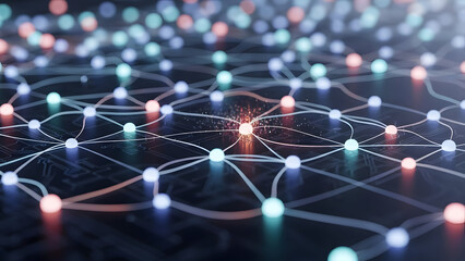 Vibrant network connections with glowing nodes on circuit board