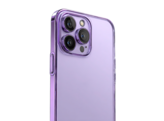 Sleek smartphone in Purple Case: A modern smartphone encased in a vibrant purple case showcases its sleek design and camera system.