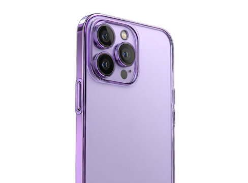 Sleek smartphone in Purple Case: A modern smartphone encased in a vibrant purple case showcases its sleek design and camera system.
