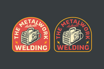 Welding machine vintage badge logo design set for metal fabrication. Electric welder retro patch logo pack for manufacturing. Arc metal welder rustic emblem element design for steel work services