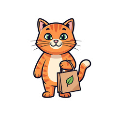 Obraz premium Cartoon Eco Cat with Shopping Bag – Cute Environmental Awareness Character Holding Reusable Bag Vector Illustration