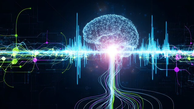 Futuristic brain network with vibrant neural connections and sound waves - Powered by Adobe