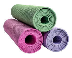 Yoga Mats: Three rolled-up yoga mats in shades of green, purple, and pink, symbolizing serenity and wellness, inviting you to begin your yoga journey. 