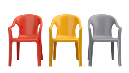 Vibrant Chair Trio: Three brightly colored chairs, each with a unique hue, stand in neat arrangement. capturing the essence of modern furniture design