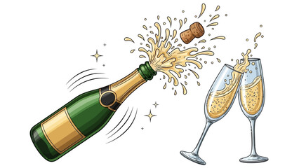 Champagne bottle popping with glasses ready for celebration