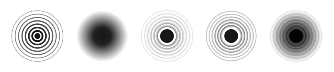Black concentric circle. Sonar sound wave ring collection. Dotted and linear epicenter concept. Ripple radial vibration elements. Vector