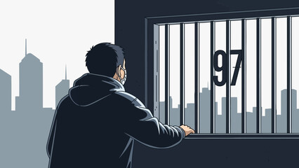 Man looking out prison cell window at cityscape