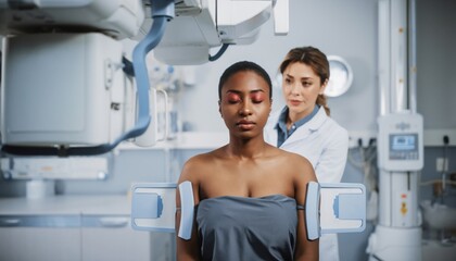 Doctor conducting mammogram on patient with advanced imaging technology