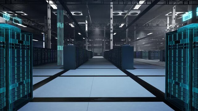 Empty data center gear being scanned using holographic AR technology, VFX compositing. Digital overlay graphics scanning lines showing concept of server hub rigs being mapped to create digital twin