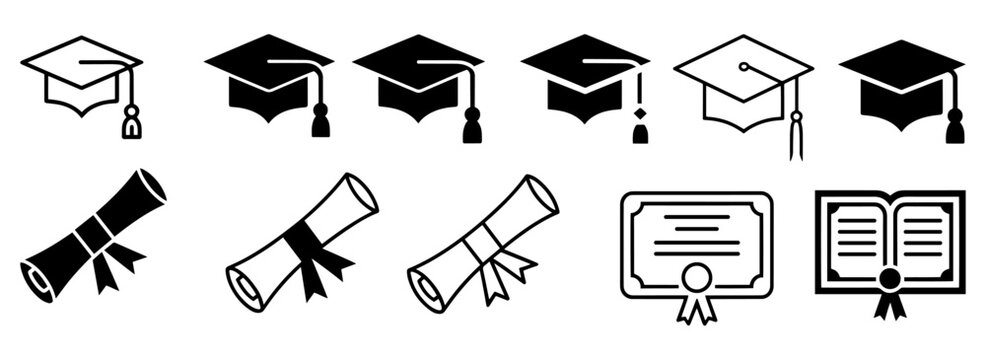 Graduation cap and diploma icon set. College cap or graduate hat symbol.