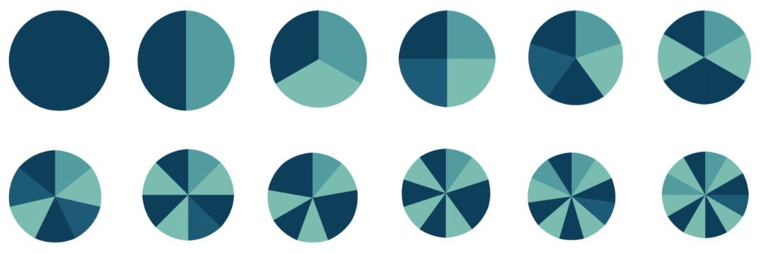 Pie chart set. Colorful diagram collection with sections or steps. 1,2,3,4,56,7,8,9,10,11,12 segment infographic. Circle pie chart diagram. Set of colorful pie charts with varying segments. eps 10